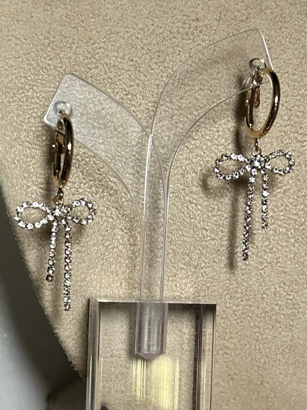 Gold Tone Rhinestone Bow Drop Huggie Hoop Earrings
